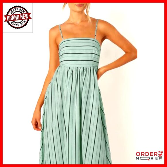 Striped Smocked Back Maxi Dress Elegant Formal Swing Cut Out Strappy - Picture 5 of 6